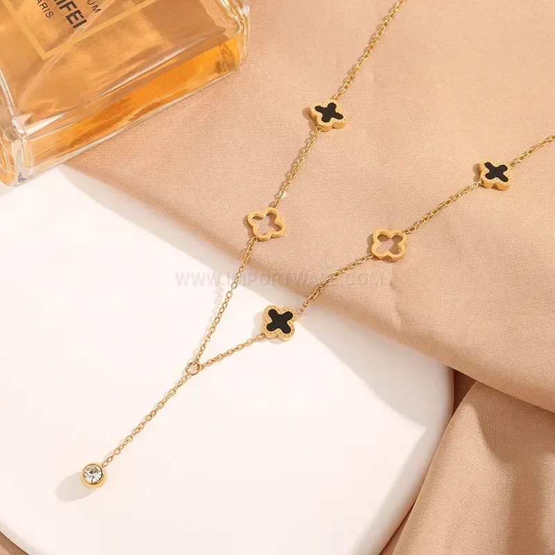 Titanium Steel Four Leaf Clover Charm Pendant Tassel Necklace