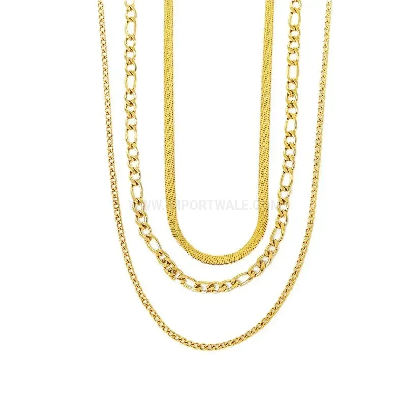 Modern Triple Layer Gold Titanium Steel Figaro Chain Necklace