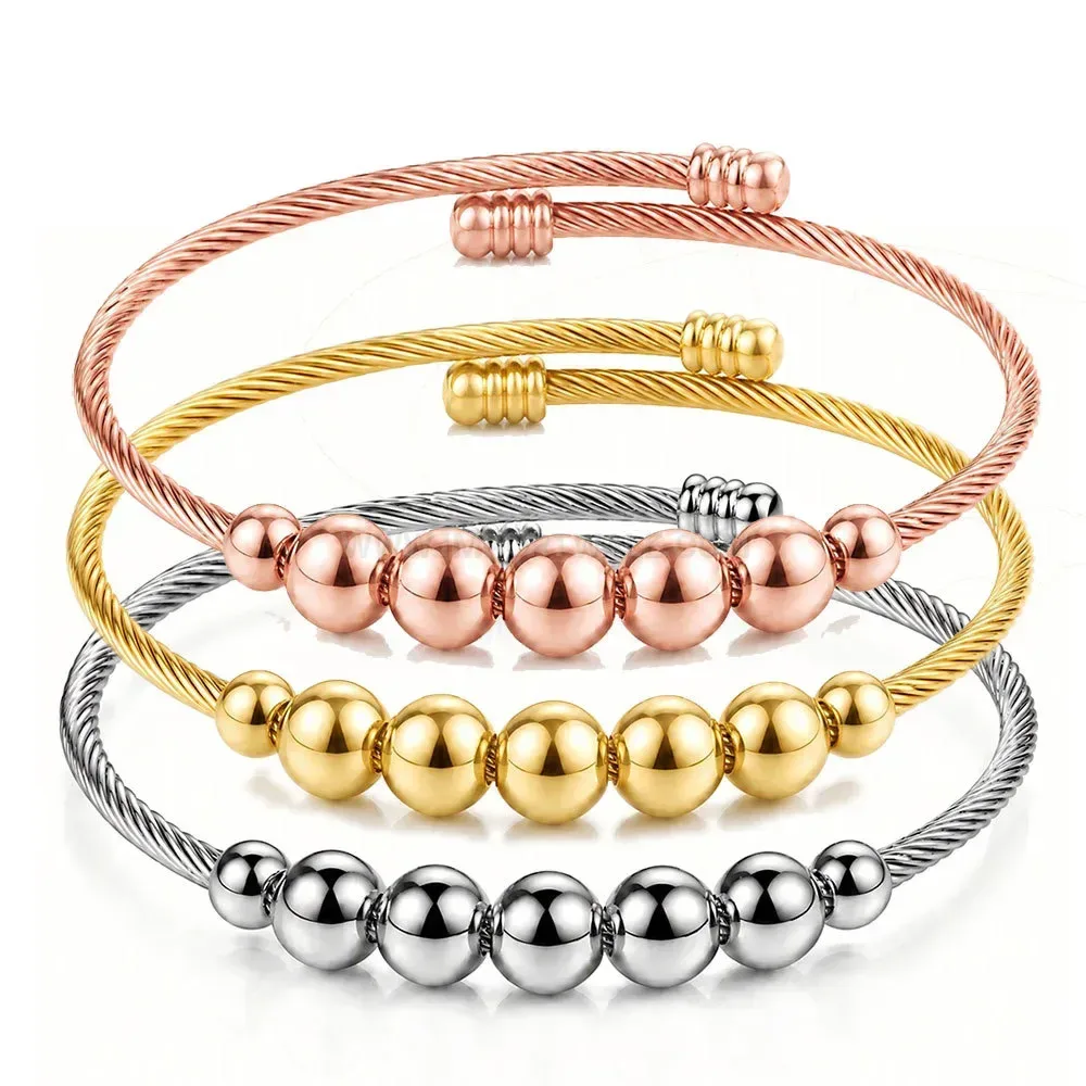 Trendy Flexible Stainless Steel Cable Cuff with Bead Ends