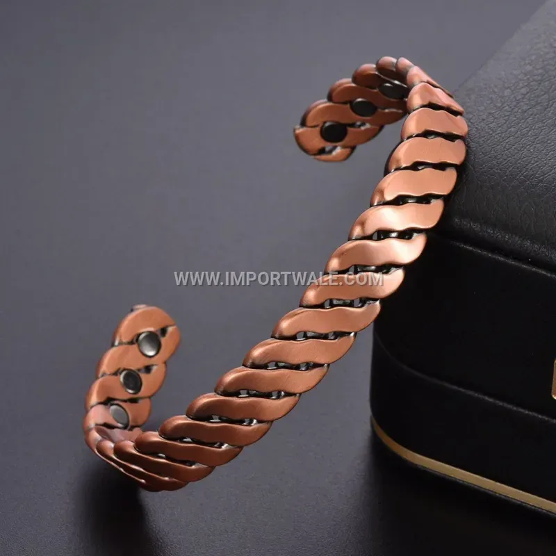 Vintage Pure Red Copper Braided Twist Magnetic Open Cuff Bracelet