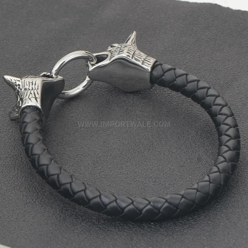 Braided Leather and Stainless Steel Double Wolf Head Bracelet