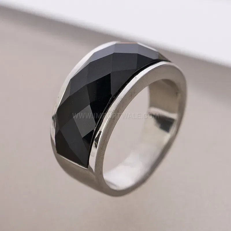 Modern Faceted Black Stainless Steel Geometric Band Ring