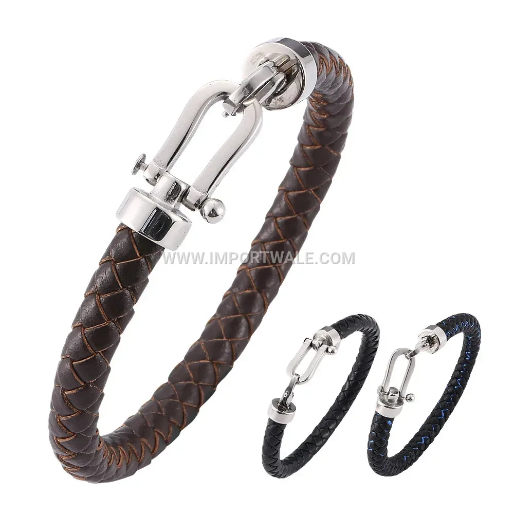Braided Leather Stainless Steel Horseshoe Buckle Bracelet for Men