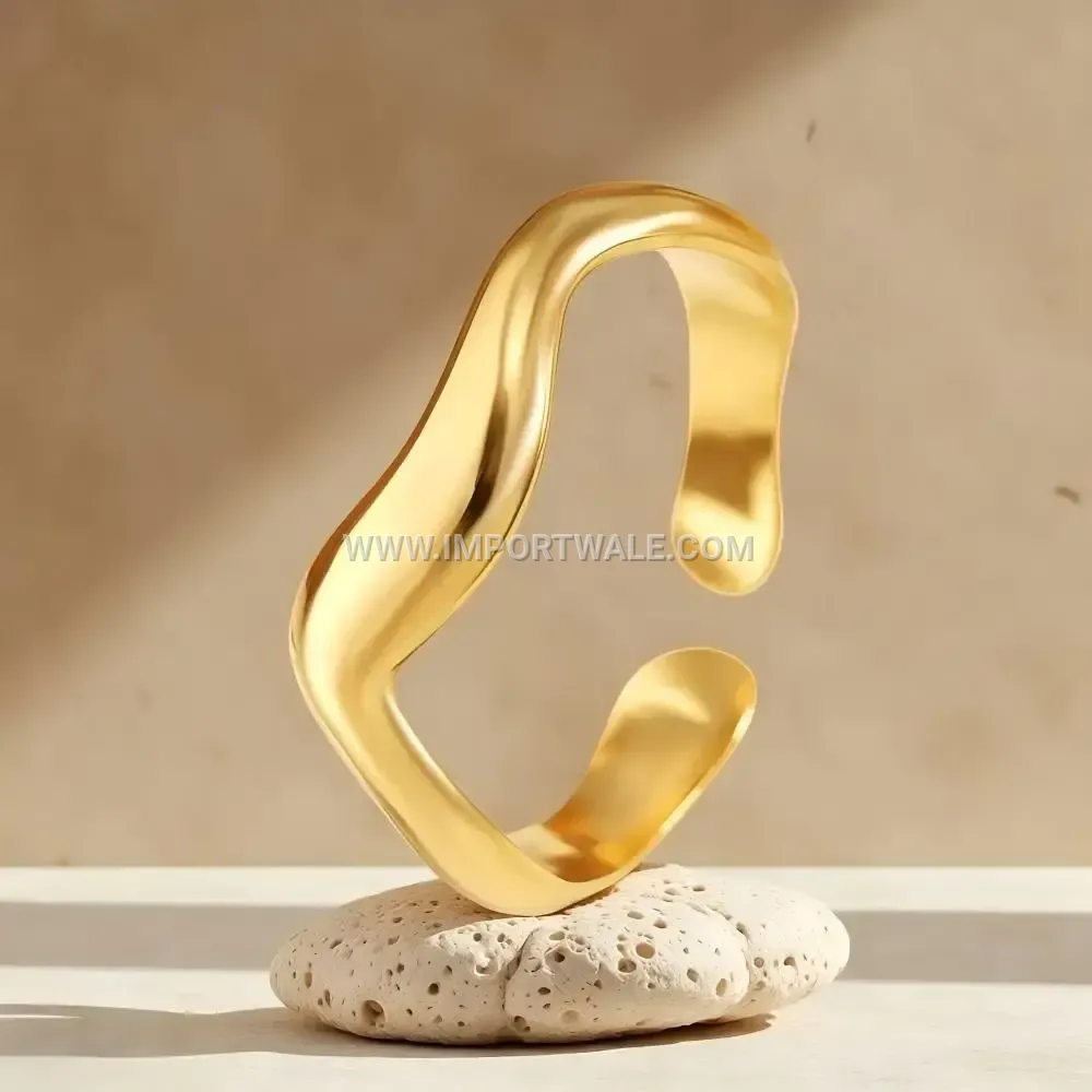 Geometric Wave Adjustable Stainless Steel Open Ring