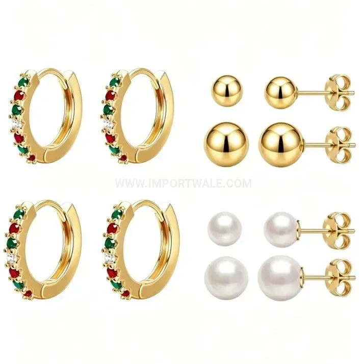 Modern Cubic Zirconia Flat Back Threaded Stainless Steel Earring Set