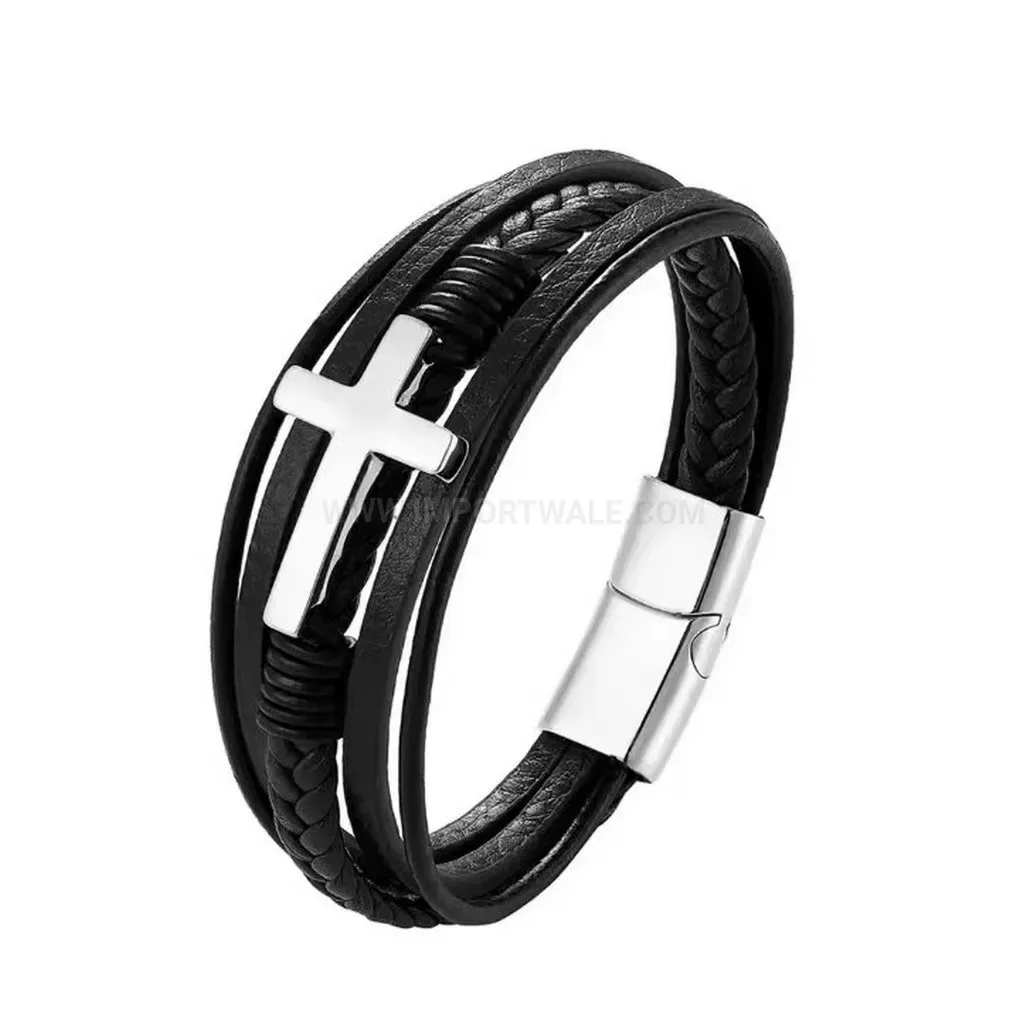 Stylish Multi Strand Leather Cross Bracelet with Magnetic Clasp