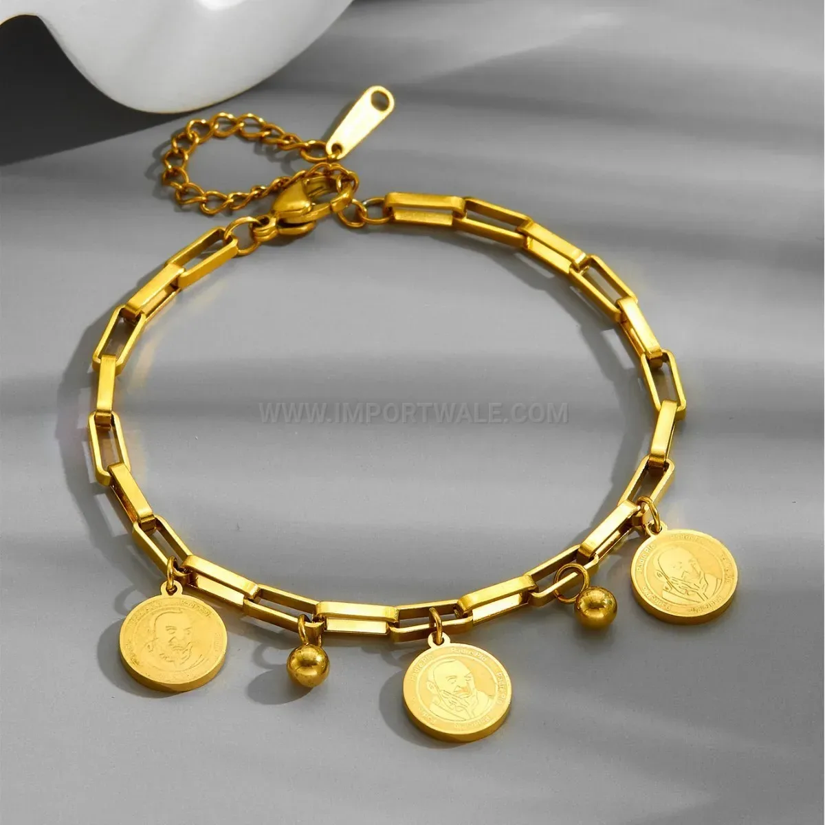 Gold Stainless Steel Portrait Tag Medallion Chain Bracelet