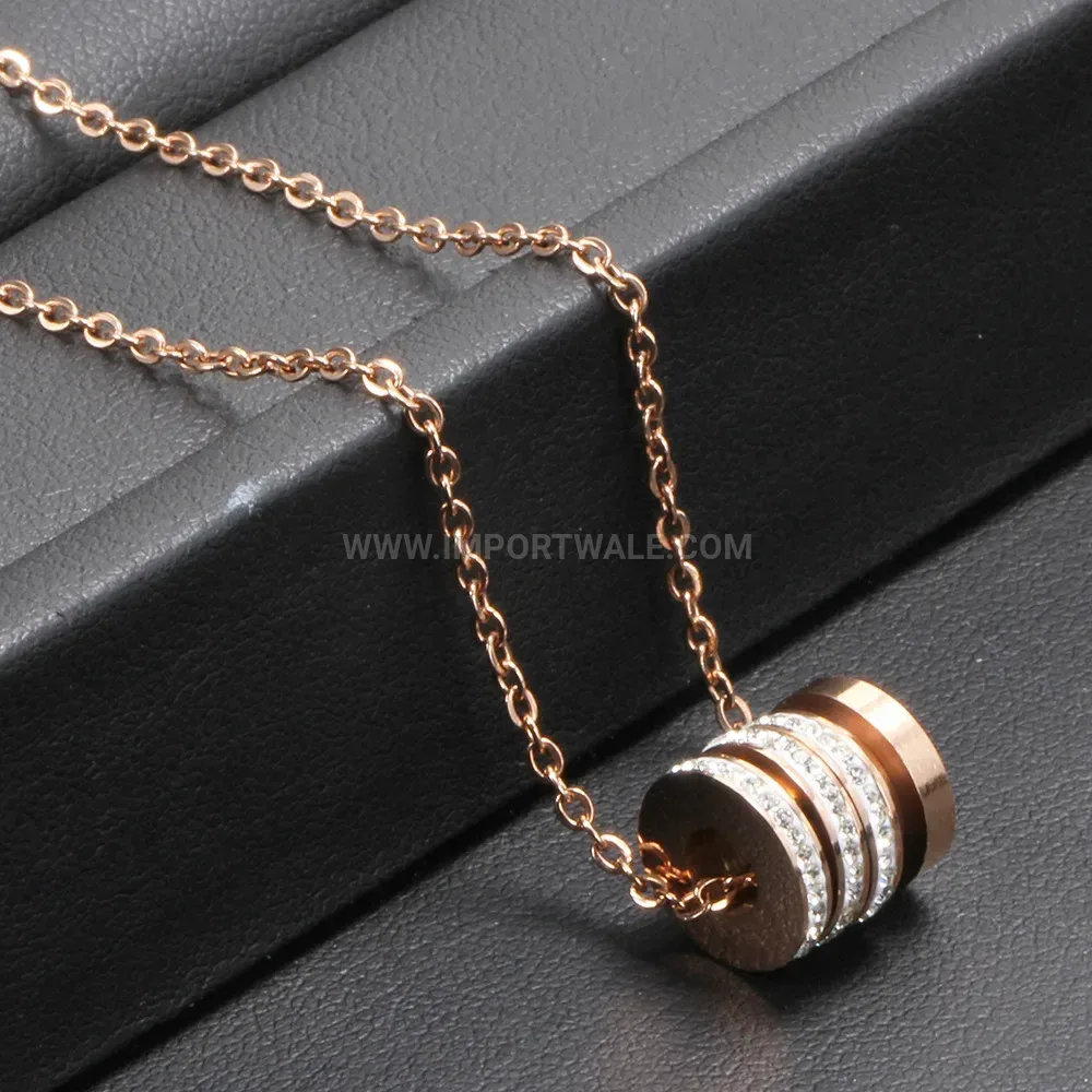Rhinestone-Paved Stainless Steel Cylinder Pendant Necklace