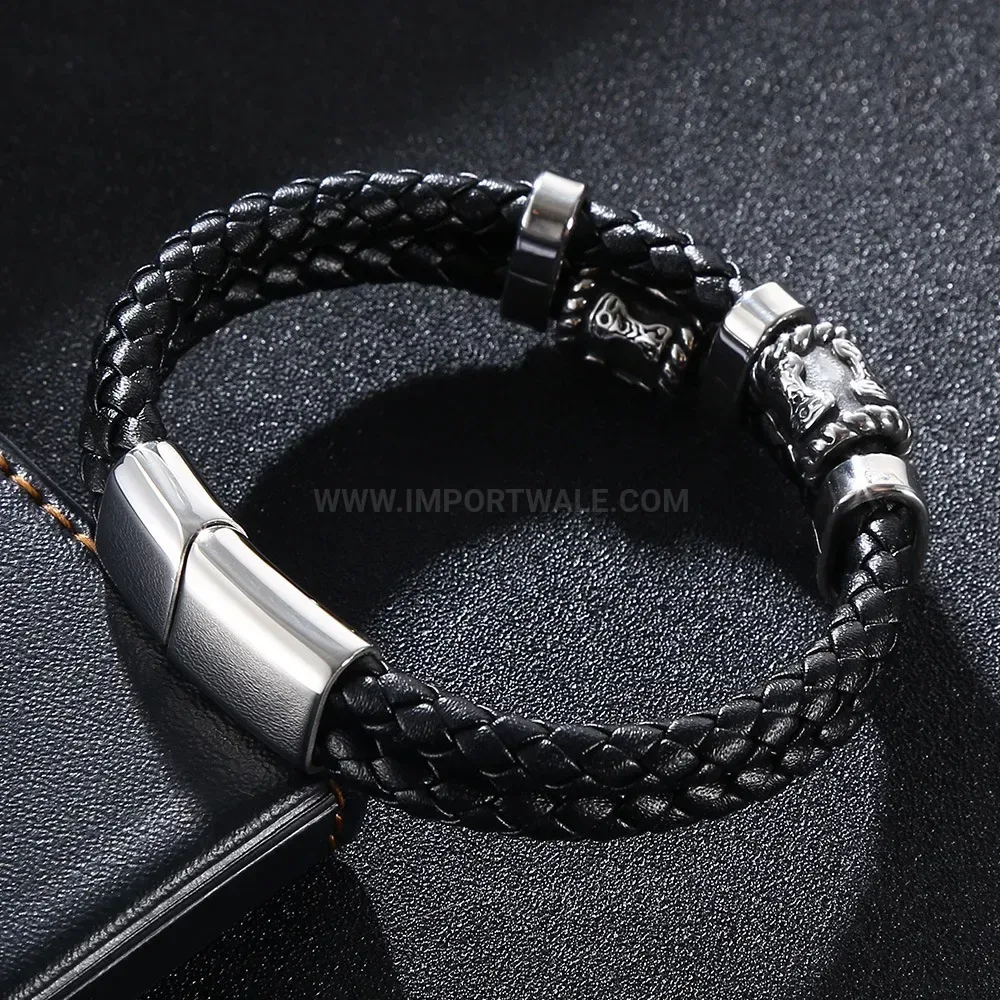 Braided Leather Stainless Steel Clasp Men Cuff Bracelet