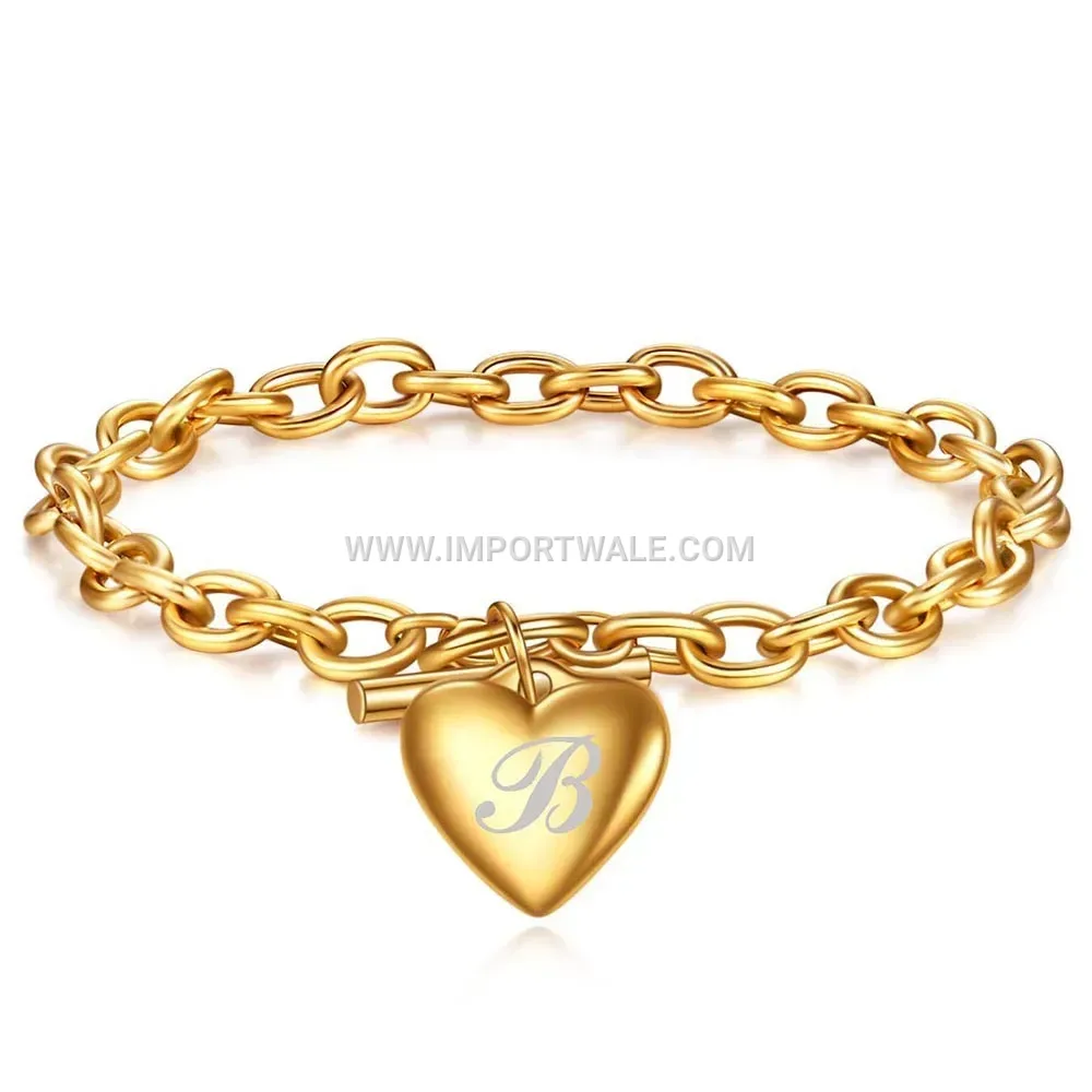 Sleek Stainless Steel Heart Letter Pendant Toggle Bracelet