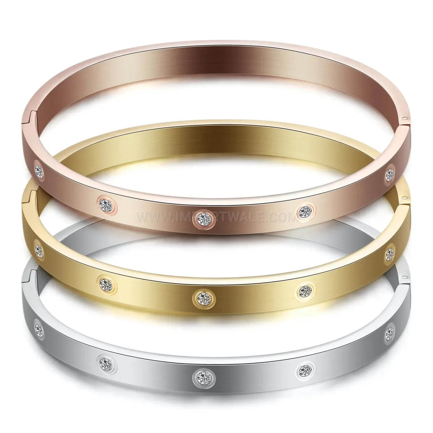 Modern Crystal Accent Symmetrical Polished Stainless Steel Bangle Bracelet