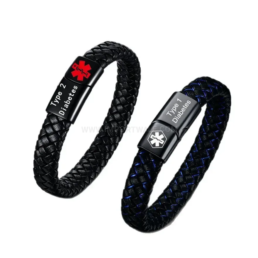 Designer Medical Alert Leather Bracelet with Stainless Steel Magnetic Clasp