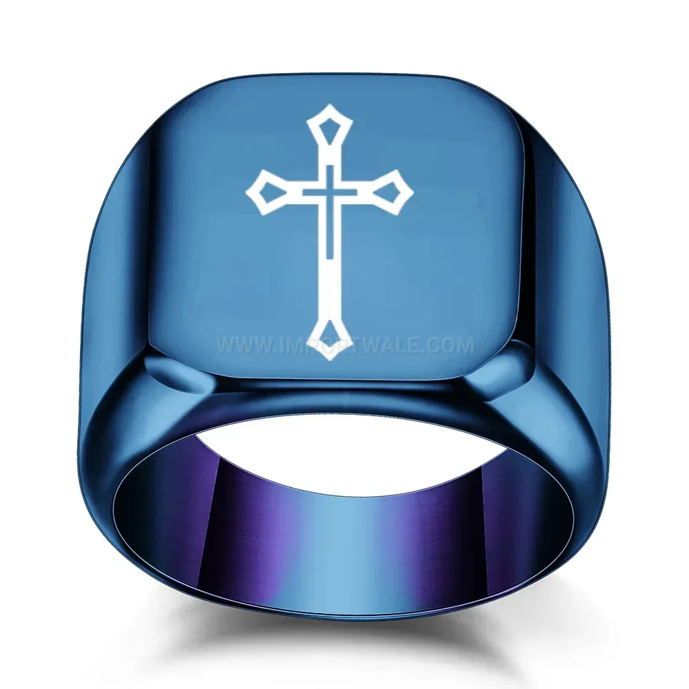 Stylish Polished Square Cross Engraved Stainless Steel Signet Ring