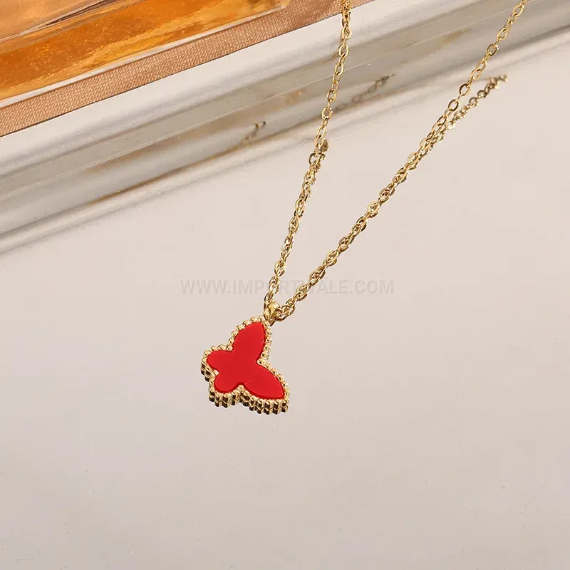 Mother of Pearl Butterfly Pendant Titanium Steel Chain Necklace