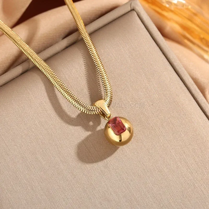 Trendy Vintage Spherical Red Crystal Pendant Titanium Steel Chain