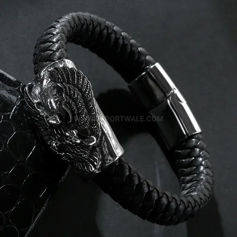 Trendy Beast King Stainless Steel and Leather Men Wristband Bracelet
