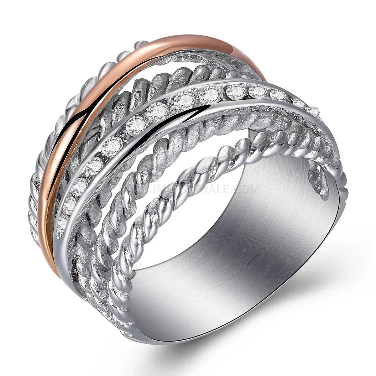 Classic Two Tone Rhinestone Titanium Steel Geometric Ring