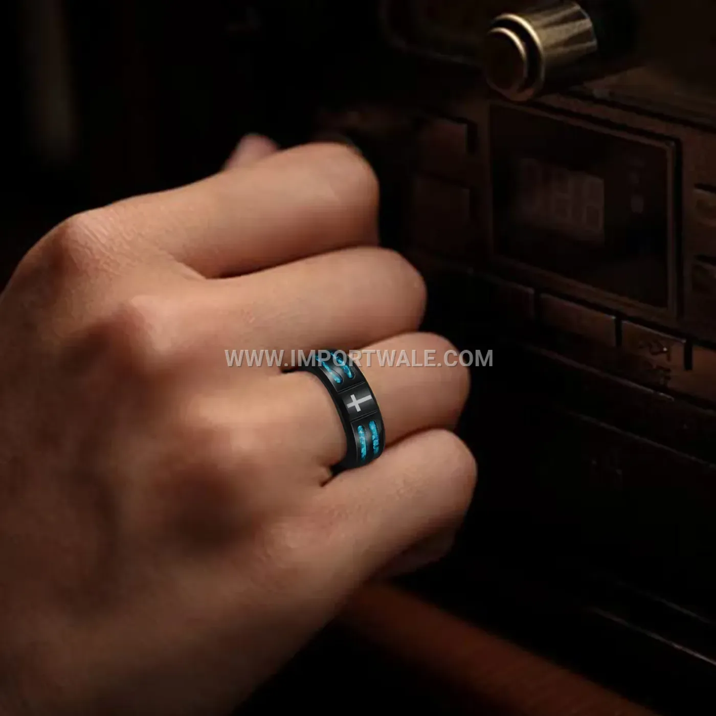 Black Stainless Steel Men's Ring with Faux Opal Inlay