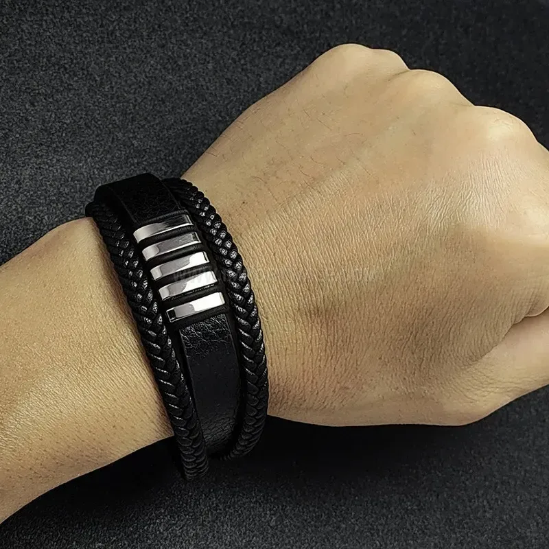 Fashion Woven Leather Wrap Bracelet with Plated Metallic Accent