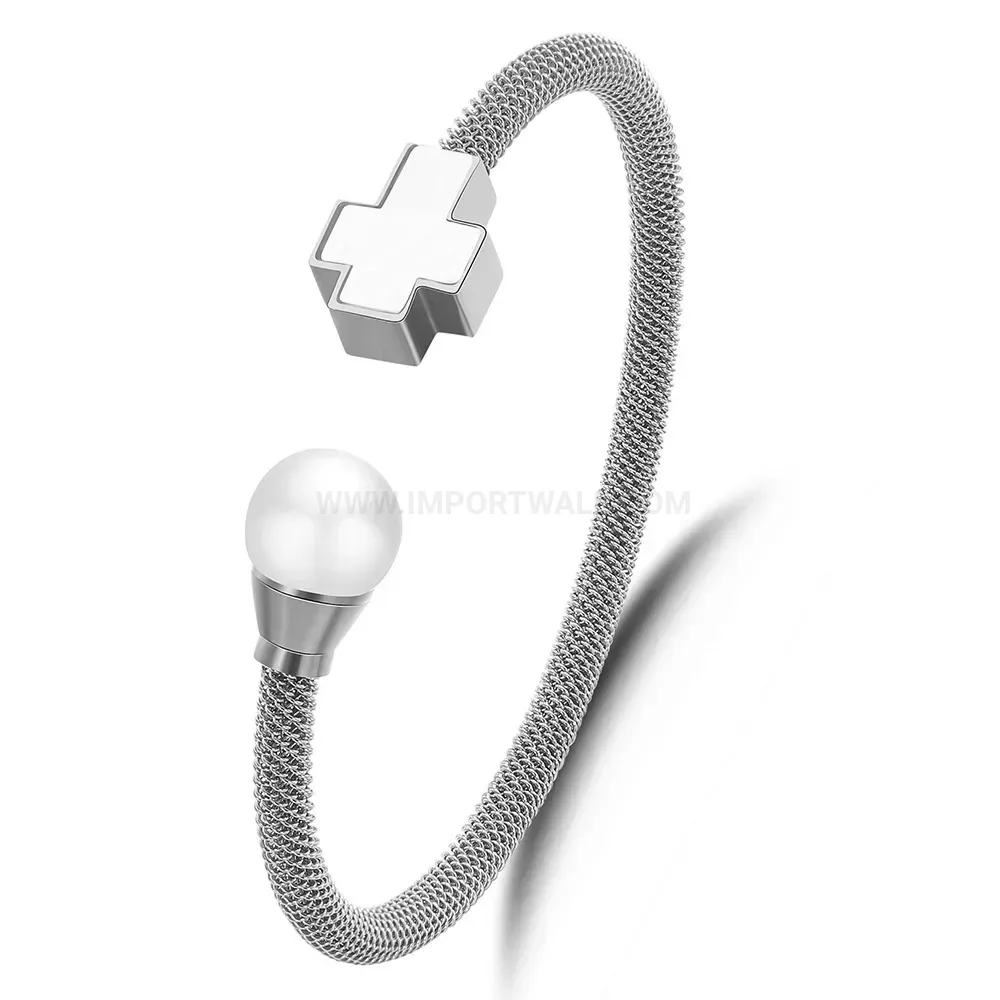 Elegant Stainless Steel Cable Bangle Bracelet with Pearl and Cross Details