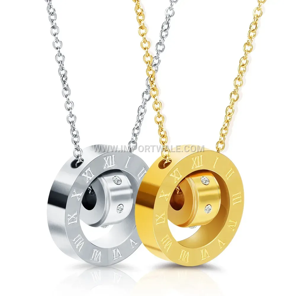 Roman Numeral Interlocking Double Ring Stainless Steel Pendant Necklace