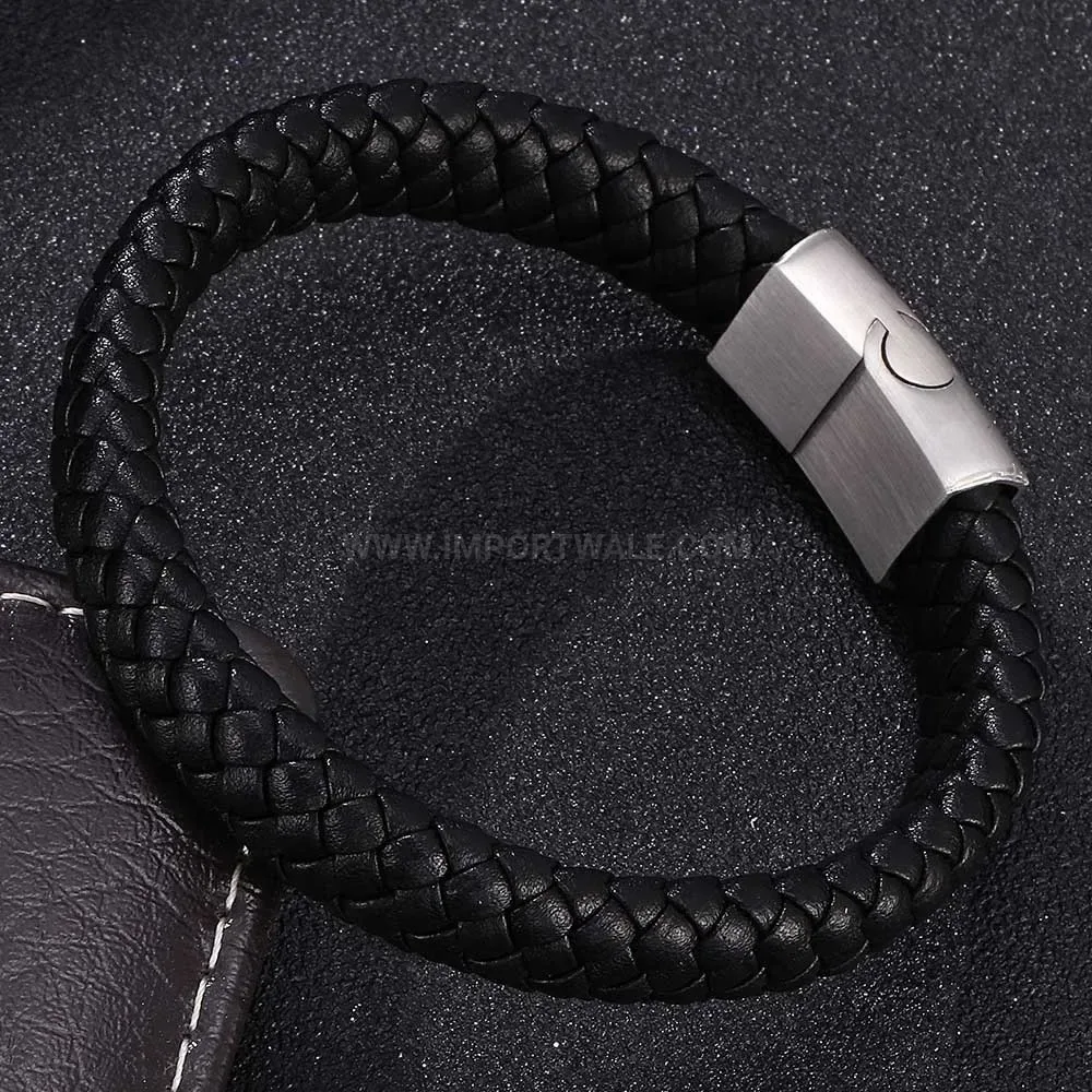 Braided Leather Stainless Steel Magnetic Clasp Men Bracelet