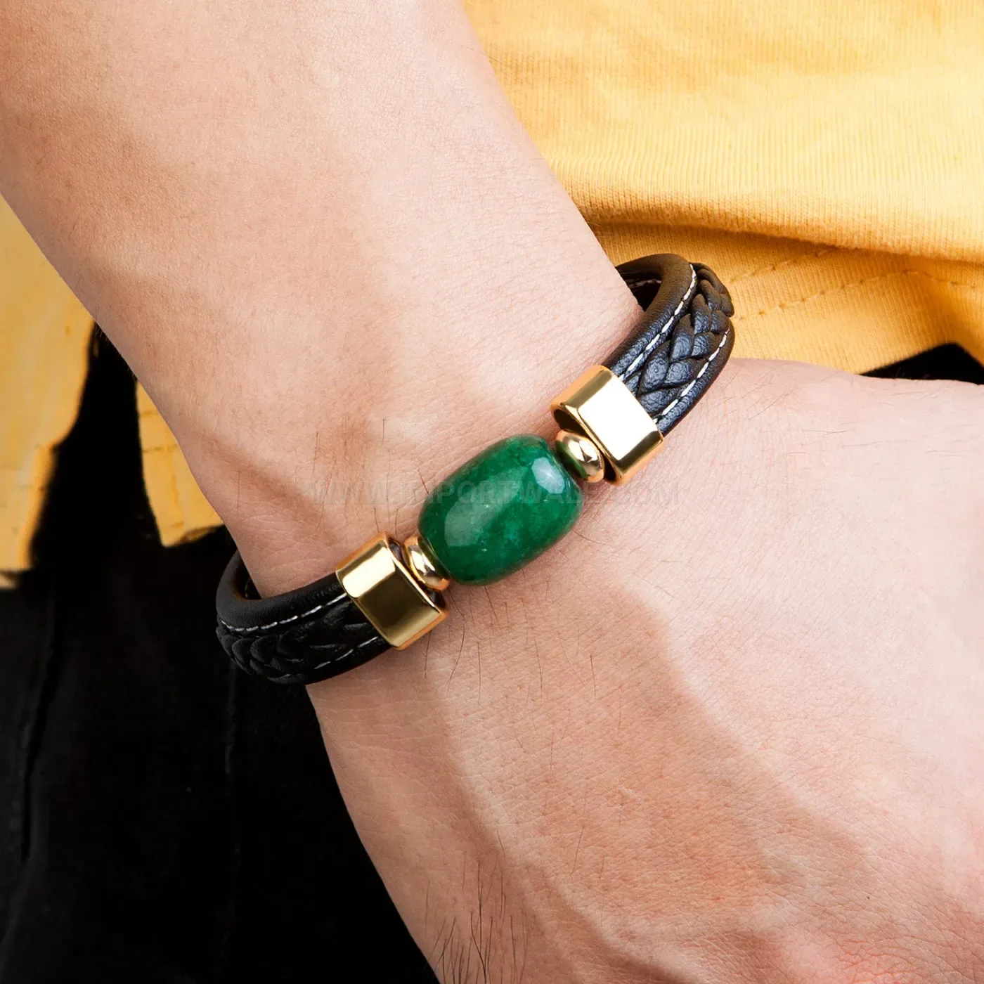 Retro Leather Cord and Natural Stone Bracelet With Stainless Steel Clasp