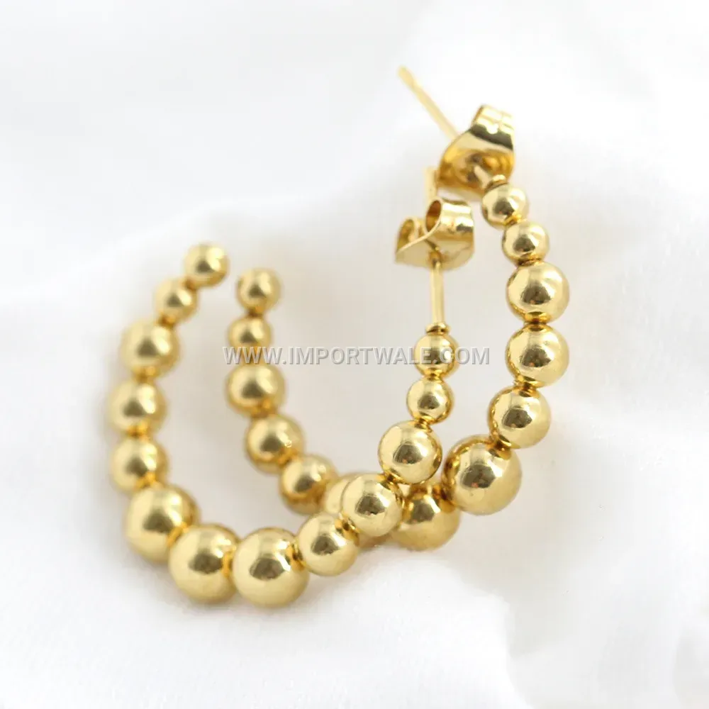 Graduated Beaded C-Shaped Stainless Steel Hoop Earrings in Gold and Steel