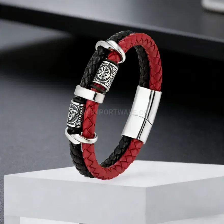 Modern Viking Totem Woven Leather Magnetic Wristband Bracelet