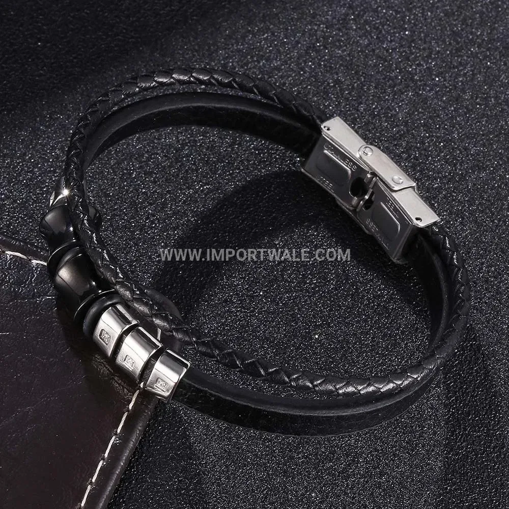 Inlaid Stainless Steel and Black Leather Braided Wristband