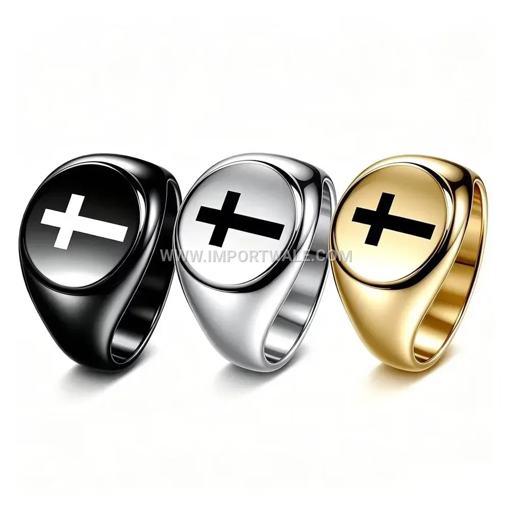 Vintage Cross Emblem Gold Plated Stainless Steel Signet Ring