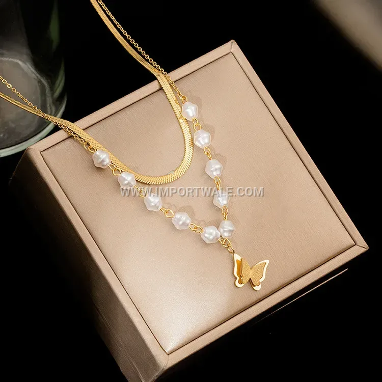 Layered Titanium Steel Butterfly Pearl Choker Necklace