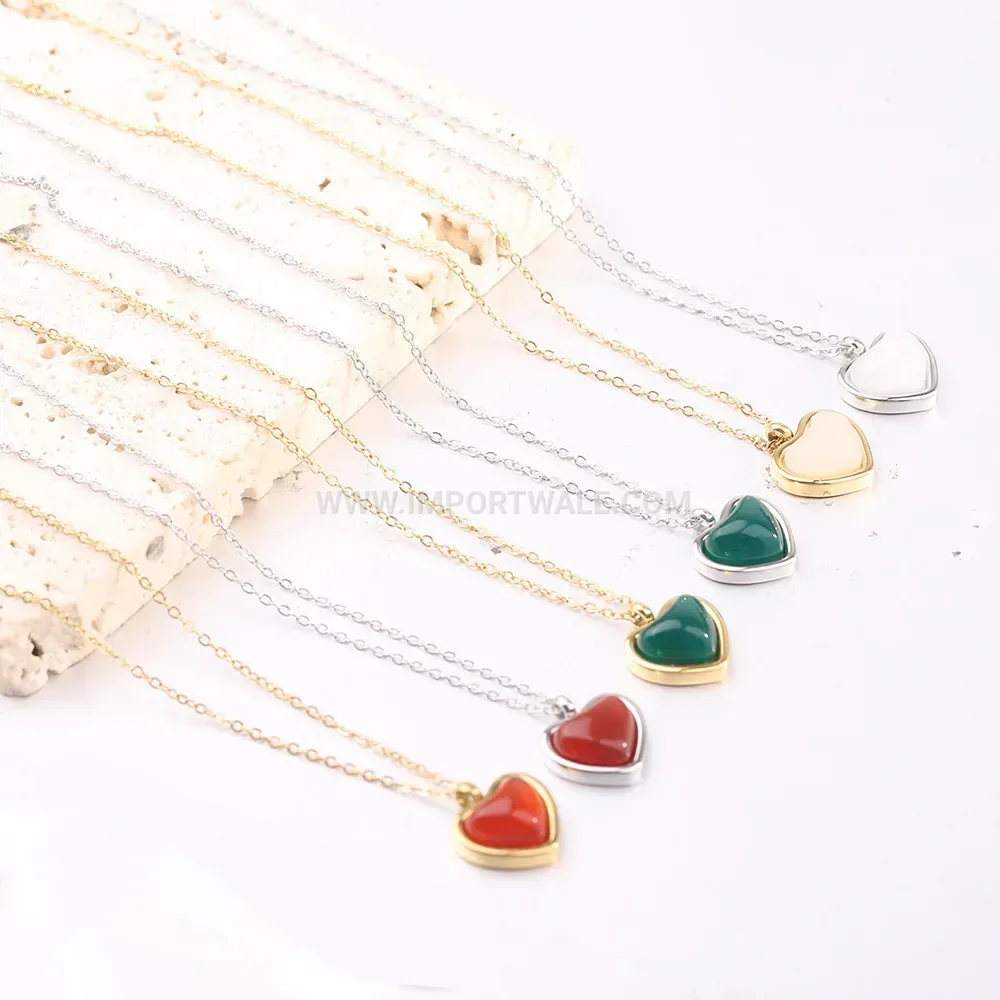 Stainless Steel Heart Agate Stone Pendant Necklace