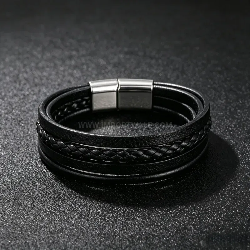 Trendy Minimalist Woven PU Leather Wristband with Alloy Magnetic Clasp