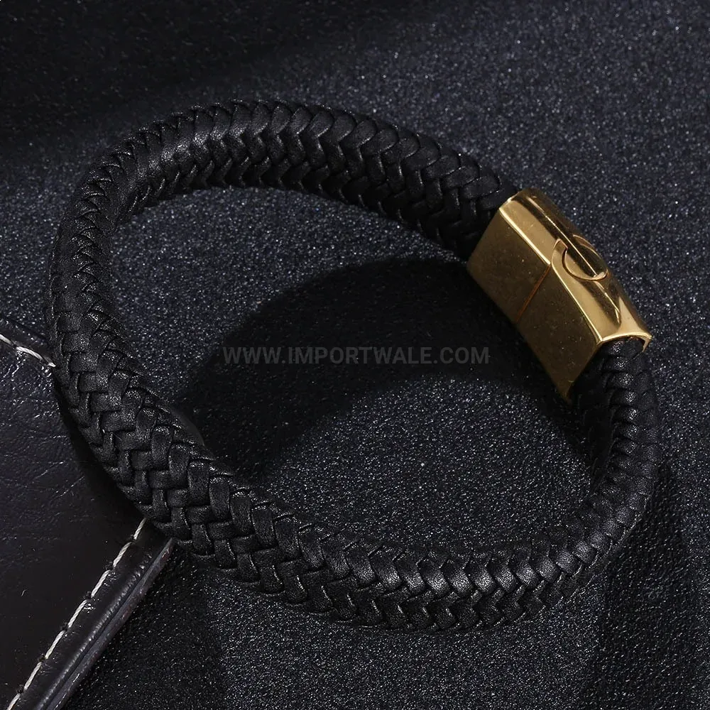 Woven Leatherette Cuff Bracelet with Gold-Tone Steel Hardware