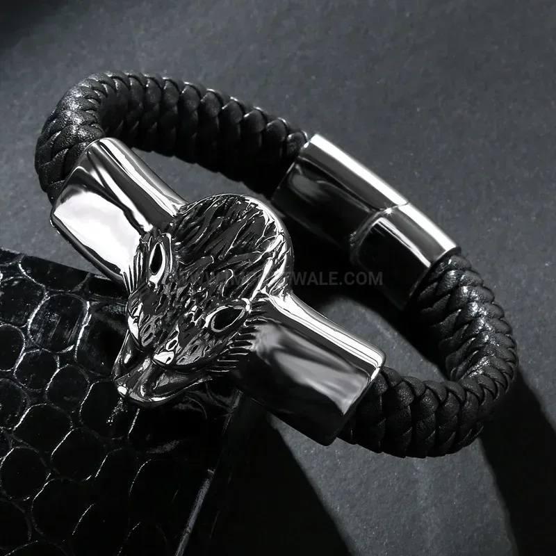 Bold Beast King Emblem Stainless Steel Leather Men Bracelet