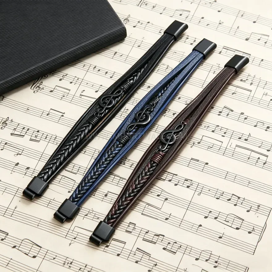 Fashion Multi Layer Braided Leather Treble Clef Bracelet with Magnetic Clasp