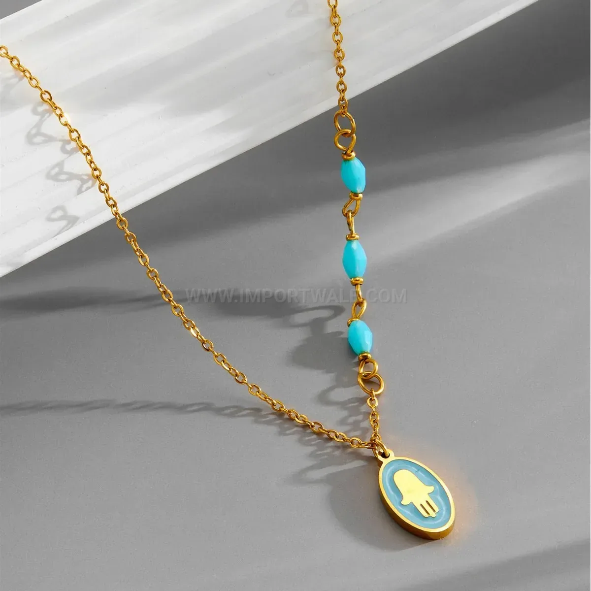 Bold Gold Titanium Steel Floral Drip Glaze Palm Pendant Necklace