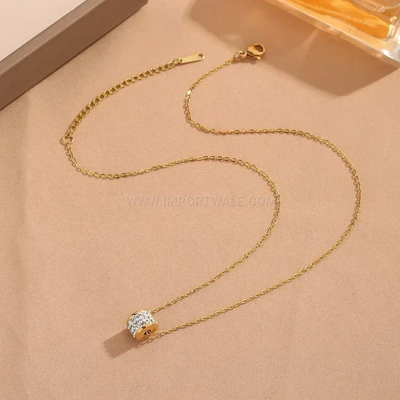 Trendy Rhinestone Cylinder Pendant Rose Gold Plated Stainless Steel Necklace