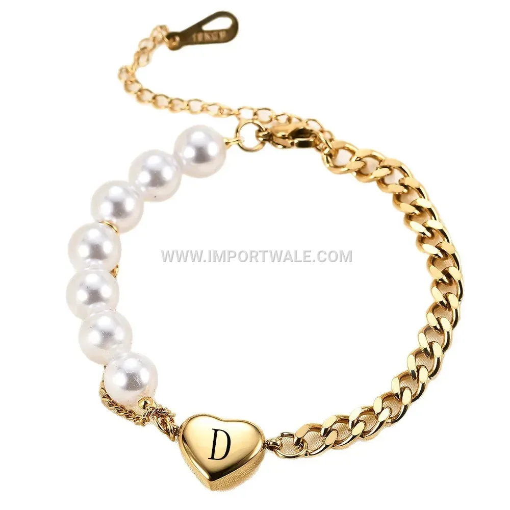 Stainless Steel Cuban Link Imitation Pearl Heart Initial Bracelet