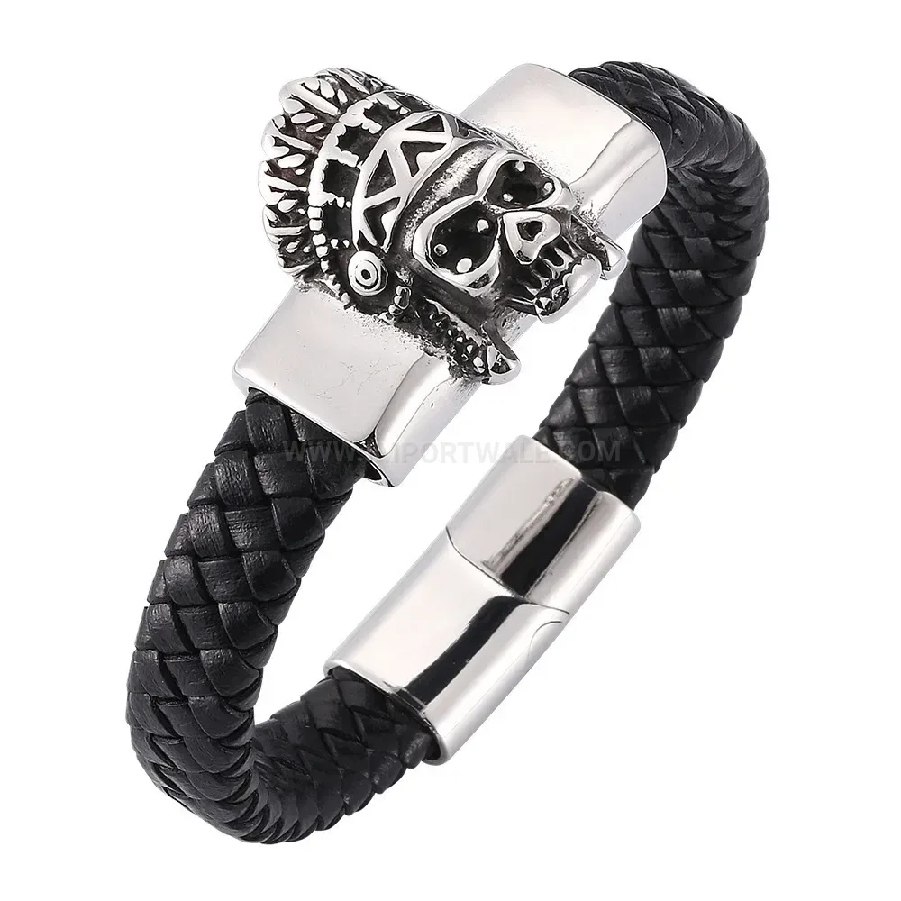 Stylish Vintage Skull Electroplated Stainless Steel Leather Wristband Bracelet
