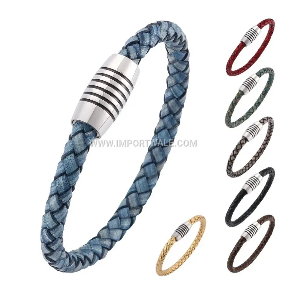 Minimalist Magnetic Clasp Leather Stainless Steel Men Bracelet