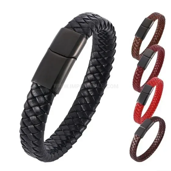 Braided Leather Wristband with Stainless Steel Magnetic Clasp Accent