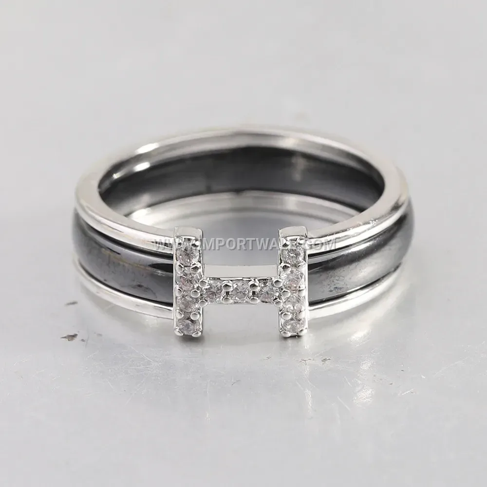 H Motif Crystal Embellished Ceramic Ring