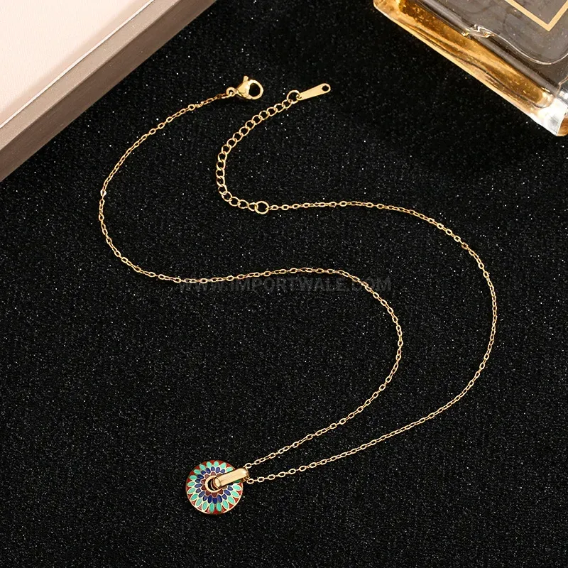 Vintage Enamel Daisy Pattern Titanium Steel Chain Pendant Necklace