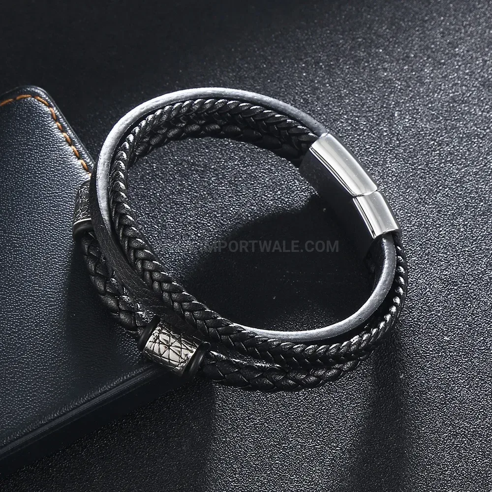 Multilayer Woven Microfiber Leather Bracelet with Stainless Steel Accents