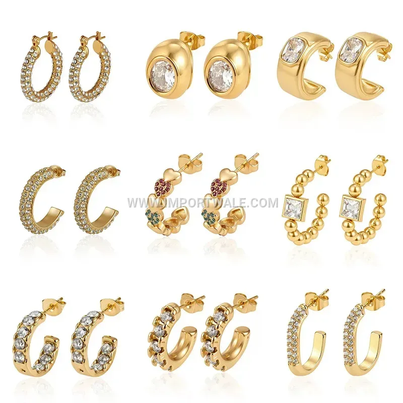 Gold Plated Zircon Inlaid Stainless Steel Hoop Earrings