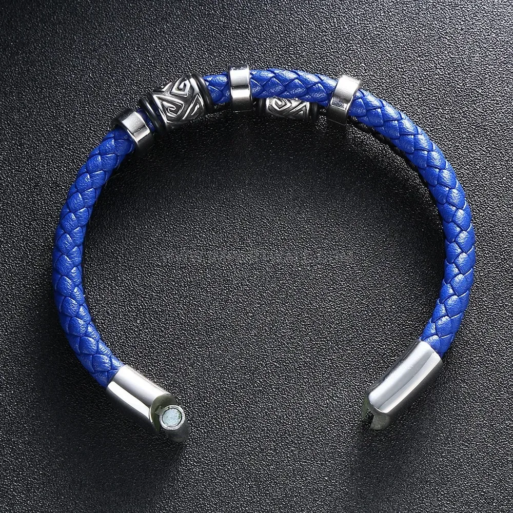 Two-Tone Braided Leather Strap Bracelet with Stainless Steel Details