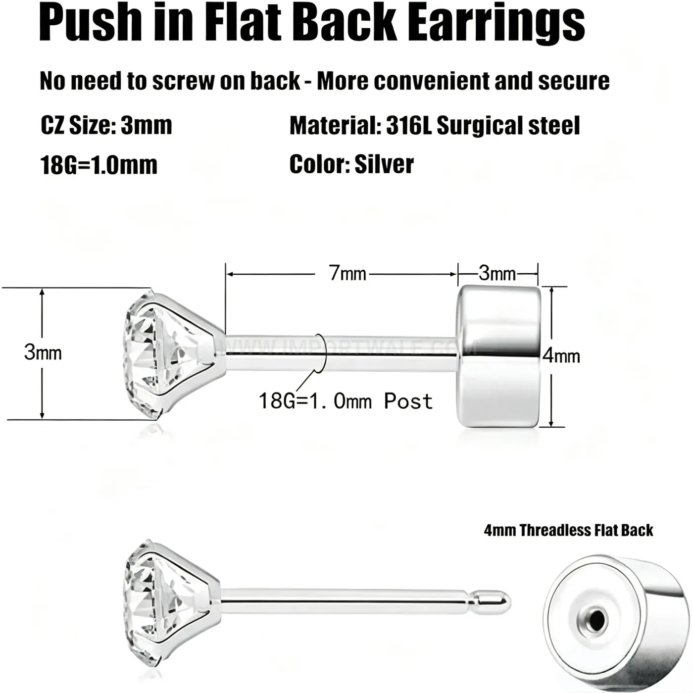 Trendy Four-Prong Zirconia Flat Back Stainless Steel Piercing Stud Earring