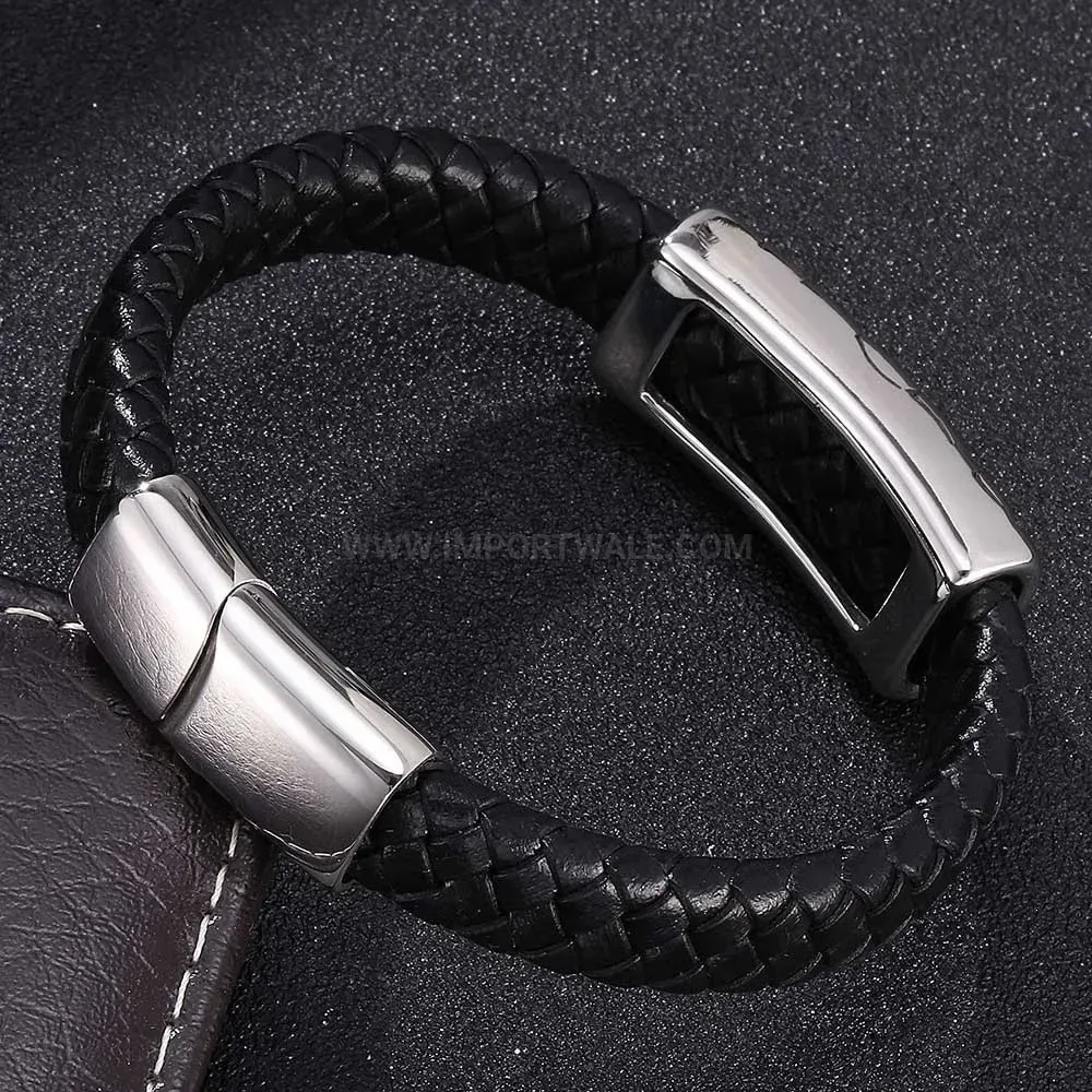 Braided Black Leather Bracelet with Stainless Steel Accent for Men